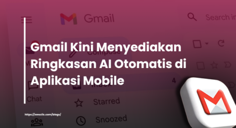 Tampilan antarmuka Gmail dengan teks informasi fitur baru: Gmail kini menyediakan ringkasan AI otomatis di aplikasi mobile.