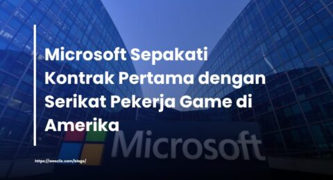 ampak depan kantor pusat Microsoft dengan logo besar "Microsoft" di bagian bawah