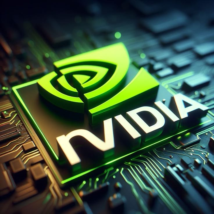 Logo Nvidia berwarna hijau neon yang timbul di atas papan sirkuit hijau gelap yang bercahaya.