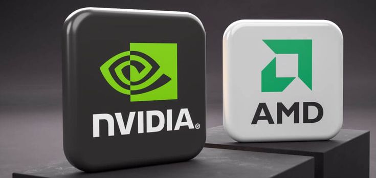 Dua ikon logo perusahaan: logo Nvidia di latar belakang hitam dan logo AMD di latar belakang putih.